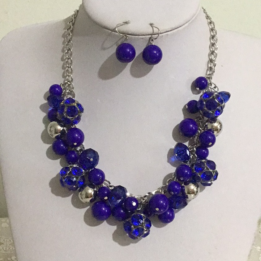 Royal Blue Lucite Bead Dangle Necklace Earring Set